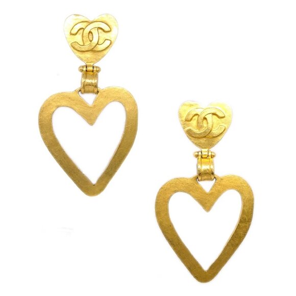 Chanel Heart Dangle Hoop Earrings Gold Clip-On 95P - Picture 1 of 4